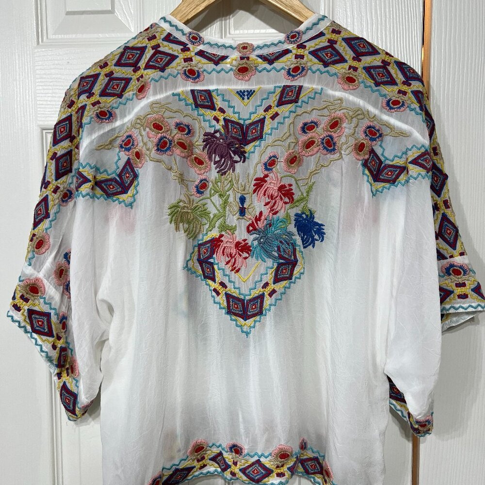Johnny Was Tuscany Embroidered Oversized Top Airy Sm Boho Hippie Floral Flow NWT
